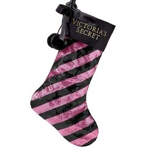 Victoria's Secret Pink and Black Pom Pom Striped Sequin Stocking NWT